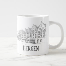 Taza De Café Gigante Bergen Noruega Streetscape Beautiful Line Drawing