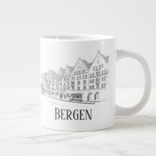 Taza De Café Gigante Bergen Noruega Streetscape Beautiful Line Drawing
