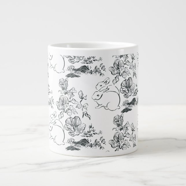 Taza De Café Gigante Black Line Art Cute Rabbit and Flower (Frente)