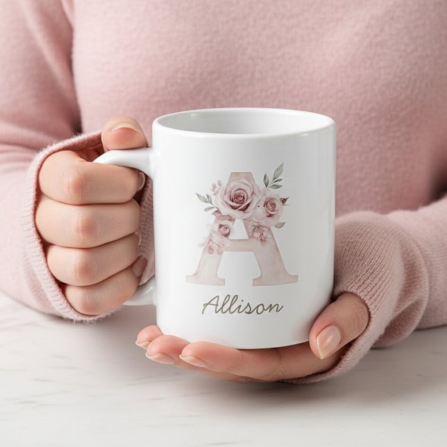 Taza De Café Gigante Blush Floral Monogram Feminine Mug - Letter A (Blush Floral Monogram Feminine Mug - Letter A)