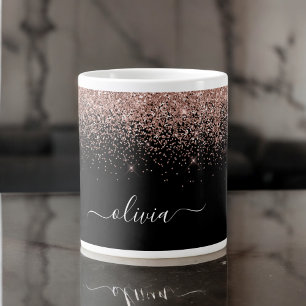 Taza De Café Gigante Blush Rosa Glitter Moderno Monograma Nombre en Oro