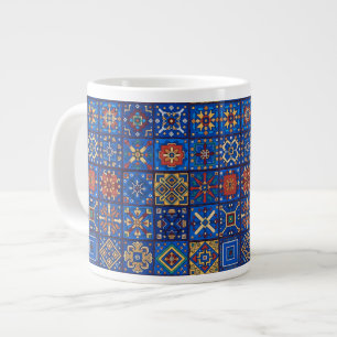 Taza De Café Gigante Bohemio Azul Cobalto Motivos Geométricos Arte Popu