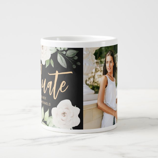 Taza De Café Gigante Bonito Floral Graduado Script Photo Black (Frente)