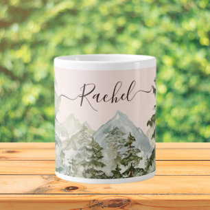 Taza De Café Gigante Bosque de Pino Acuarela y Montaña Rústica
