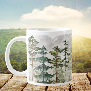 Taza De Café Gigante Bosque de Pino Verde Acuarela en Montaña