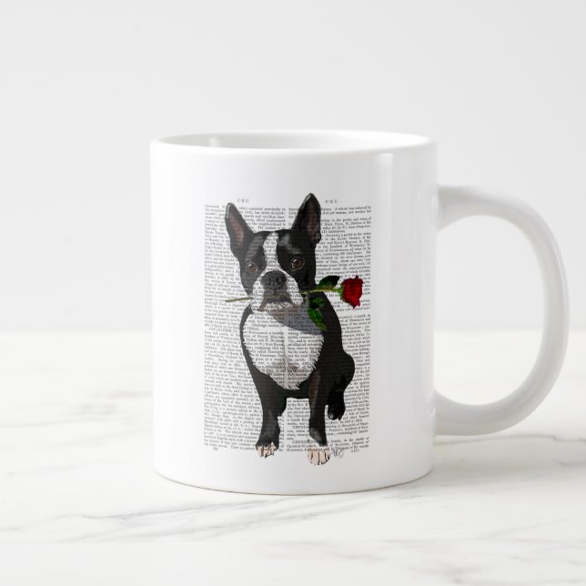 Taza De Café Gigante Boston Terrier con Rosa en boca (Derecha)
