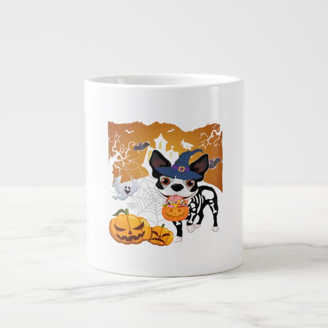 Taza De Café Gigante Boston Terrier Skeleton Dog Pumpkin Halloween Cost (Frente)