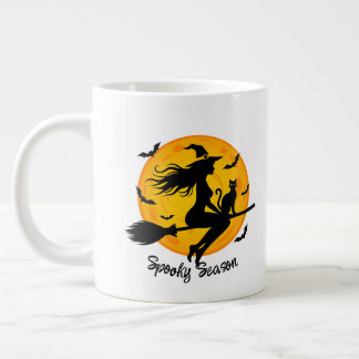 Taza De Café Gigante Bruja y gato negro volando a través de la luna lle