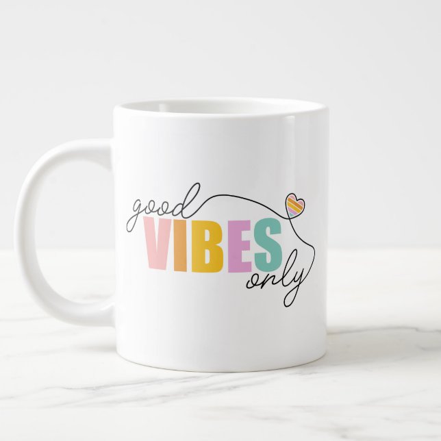 Taza De Café Gigante Buenos vibraciones solo corazón arcoiris (Izquierda)