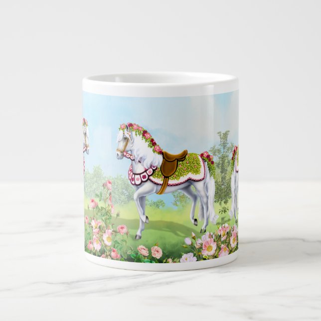 Taza De Café Gigante Caballo del Desfile Rosa Blanco (Frente)