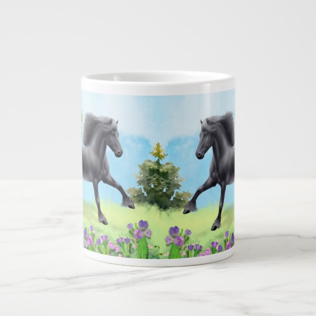 Taza De Café Gigante Caballo frisón negro galopante (Frente)