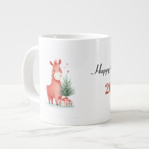 Taza De Café Gigante Caballo rojo acuarela con regalos y árbol de Navid