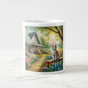Taza De Café Gigante Cabaña de primavera/jardín y gato