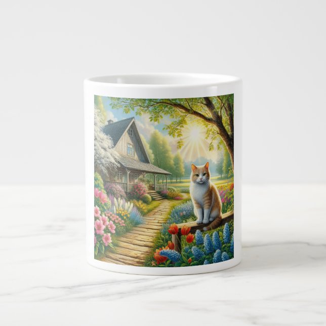 Taza De Café Gigante Cabaña de primavera/jardín y gato (Frente)