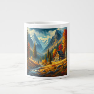 Taza De Café Gigante Cabaña rústica de otoño junto al río en la montaña