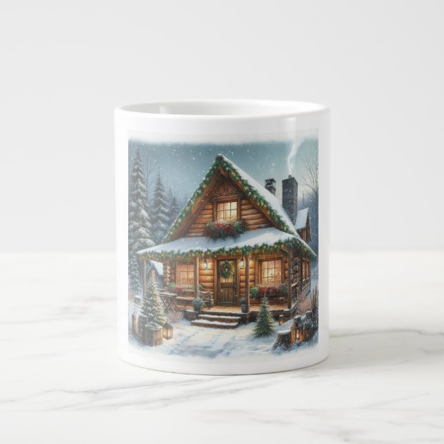 Taza De Café Gigante Cabina de nieve Rústica de invierno/Navidades (Frente)