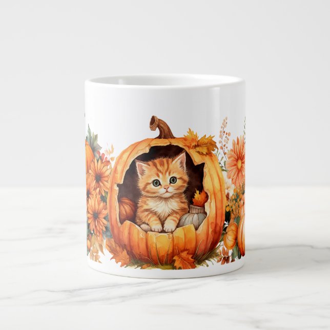 Taza De Café Gigante Calabaza de otoño y gatitos (Frente)