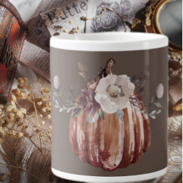 Taza De Café Gigante Calabaza floral de otoño marrón, terracota, plomo