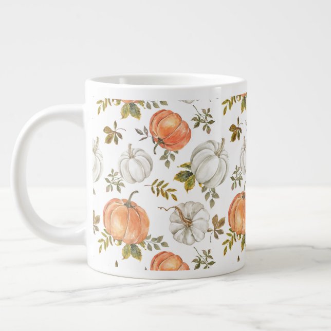 Taza De Café Gigante Calabazas acuarelas y patrón otoño de follaje (Izquierda)
