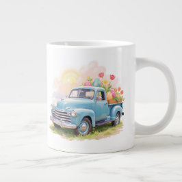 Taza De Café Gigante Camión Azul Antiguo con Huevos de Pascua y Tulipan
