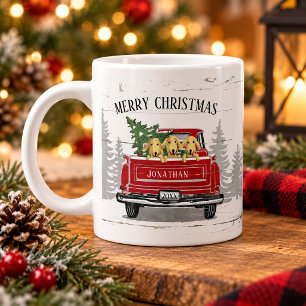 Taza De Café Gigante Camión Rojo Antiguo con Perros Navidad Rústica Fel