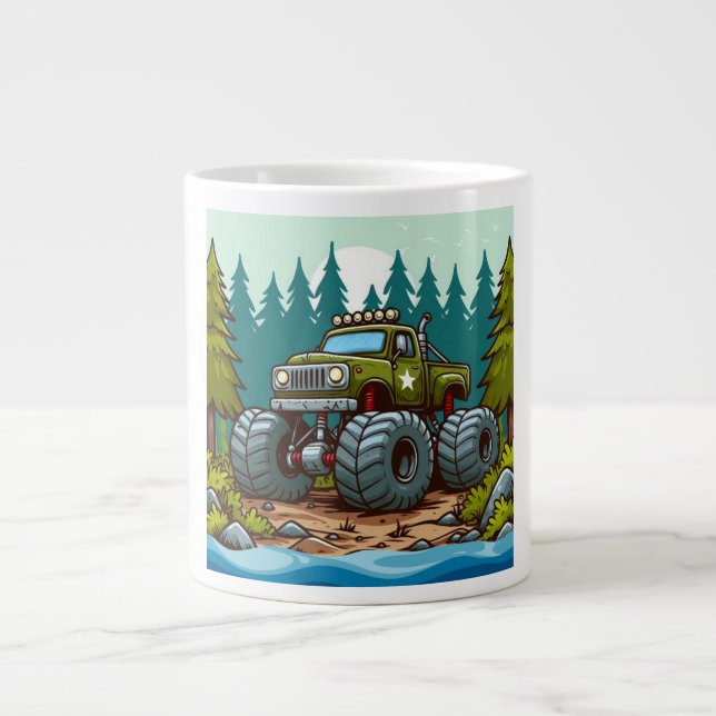 Taza De Café Gigante Camión verde monstruo en el bosque (Frente)