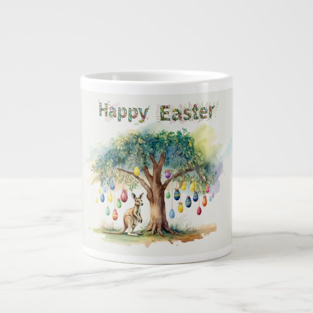 Taza De Café Gigante Canguro bajo árbol de goma con huevos de Pascua (Frente)