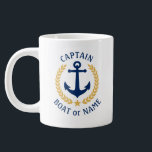 Taza De Café Gigante Capitán Nombre Barco Anchor Estrella del Laurel Es<br><div class="desc">Un tazón de café gigante personalizado de 20 onzas con rango de capitán u otro título,  su nombre de barco,  apellido u otro texto deseado. Con un ancla náutica diseñado por un personalizado,  hojas de laurel de estilo dorado y emblema de estrellas. Hace un gran regalo para cualquier ocasión.</div>