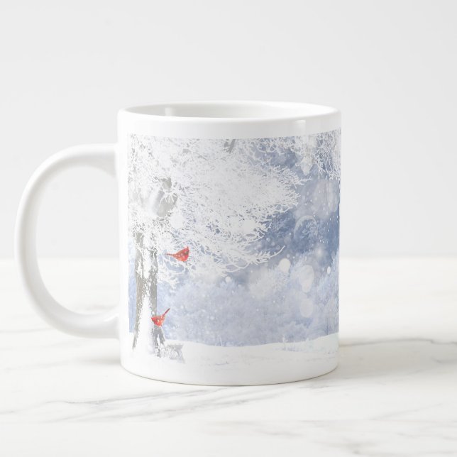 Taza De Café Gigante Cardenales rojos Navidades de aves nevan árboles (Izquierda)