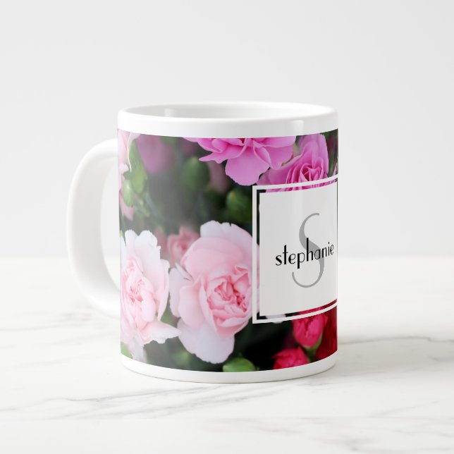 Taza De Café Gigante Carnación floral y rosa personalizada con nombre/i (Izquierda)