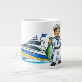 Taza De Café Gigante Cartoon Sailor with Yacht and Fish Nautical Art