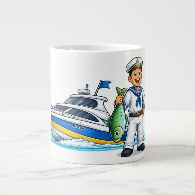 Taza De Café Gigante Cartoon Sailor with Yacht and Fish Nautical Art (Frente)