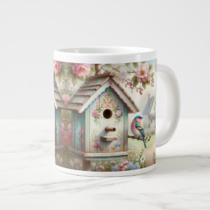 Taza De Café Gigante Casa de pájaros primaveral con flores pastel y ave