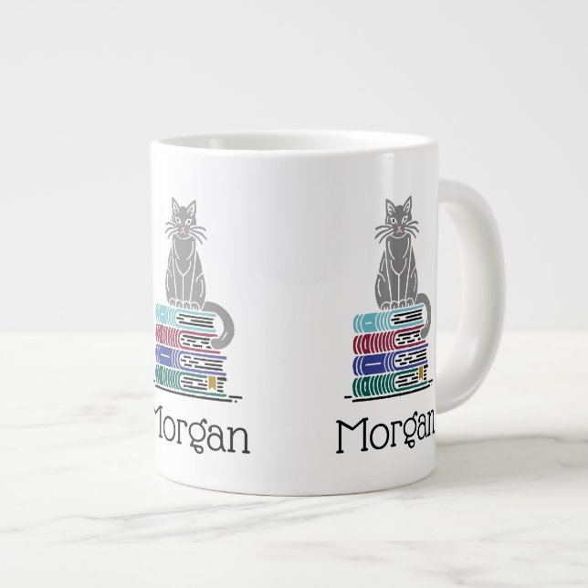 Taza De Café Gigante Cat on Book Stack Drawing Lithograph #1 DIY Colors (Derecha)