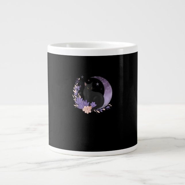 Taza De Café Gigante Cat Witchy Moon Flowers Pastel Goth Goblincore (Frente)
