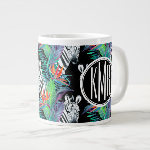 Taza De Café Gigante Cebra y monograma exótico del modelo de flores el