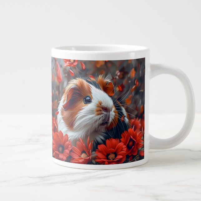 Taza De Café Gigante Cerdo guineano entre flores rojas (Derecha)