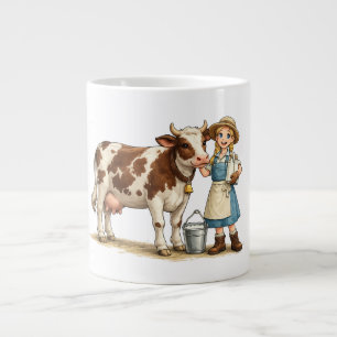 Taza De Café Gigante Chica de granja con vaca, lindo arte de campo lech