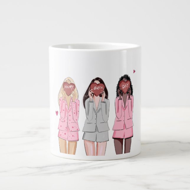 Taza De Café Gigante Chicas rosados del ilustracion feliz de cumpleaños (Frente)