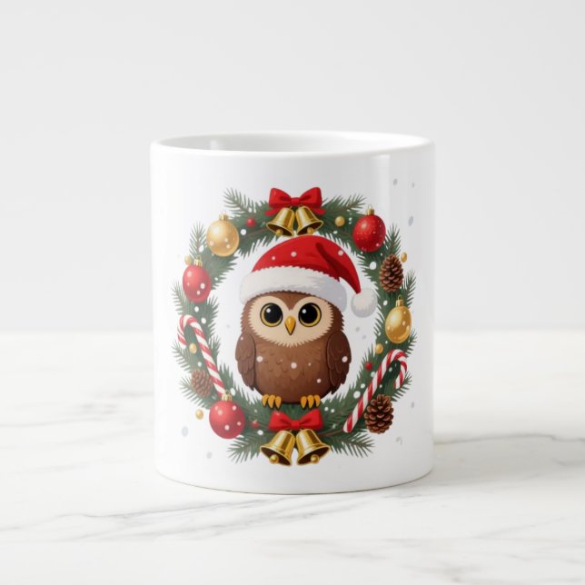 Taza De Café Gigante Chouette de Noël dans une couronne festive (Frente)