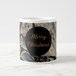 Taza De Café Gigante Christmas,Merry Christmas,Gold Blue Flowers Leaves