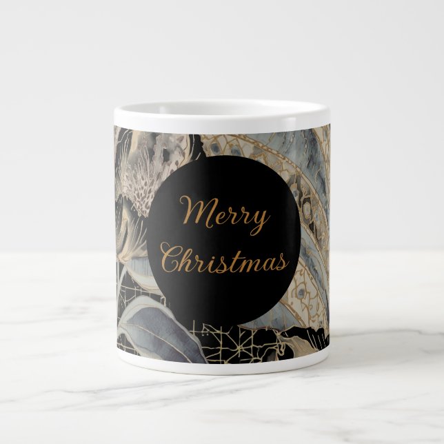 Taza De Café Gigante Christmas,Merry Christmas,Gold Blue Flowers Leaves (Frente)
