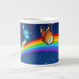 Taza De Café Gigante Cielo nocturno, dos pájaros, mariposas y arcoiris