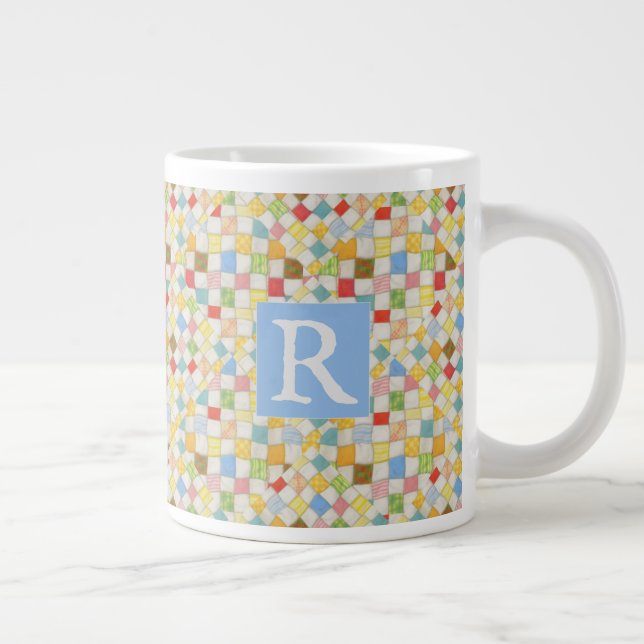 Taza De Café Gigante CINTA MOSAIC Gran Mug Blanco + Texto / Azul (Derecha)