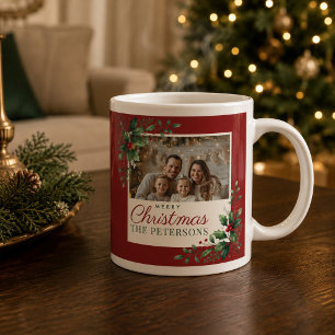 Taza De Café Gigante Clásico Botánico Rojo Foto Personalizada Navidad
