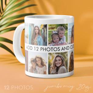 Taza De Café Gigante Colaje de 12 fotos con una línea de texto en el ce