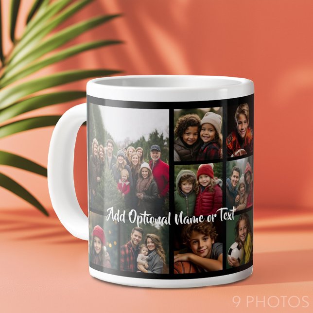 Taza De Café Gigante Collage de Black 9 Photo Square - con escritura bl (Add 9 photos to this personalized coffee mug.)