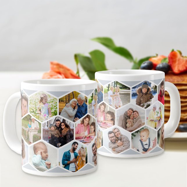 Taza De Café Gigante Collage de fotos geométrico 17 Imagen Gris platead (Jumbo photo mug with 17 of your favorite pics and silver grey hexagon honeycomb pattern)