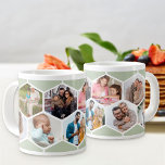 Taza De Café Gigante Collage de fotos geométrico 9 color verde de image<br><div class="desc">Crea tu propio collage geométrico de fotos usando 9 de tus fotos familiares favoritas. La plantilla de fotos está configurada para que añadas tus imágenes, trabajando en filas de izquierda a derecha, para formar un patrón de peine de miel. El diseño de hexágono es verde y blanco sabio - por...</div>
