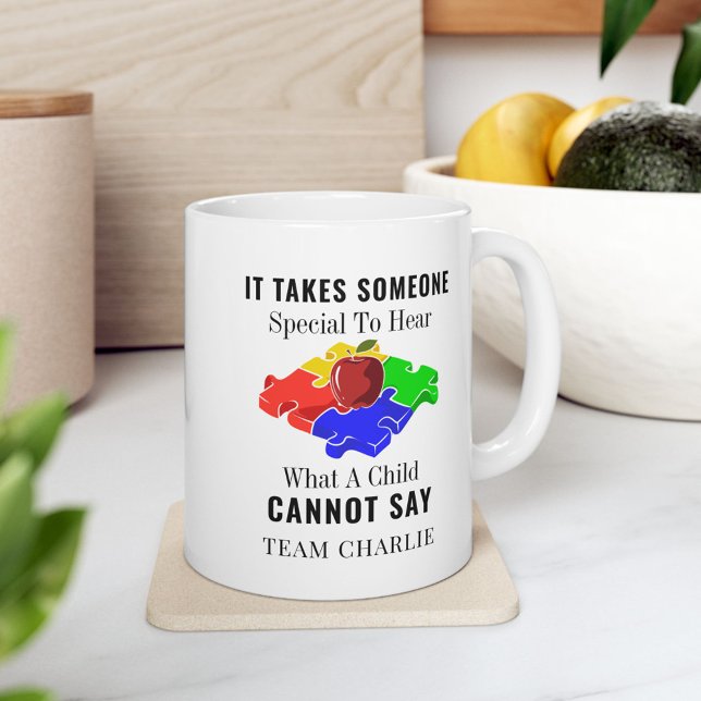 Taza De Café Gigante Concienciación sobre autismo Personalizado de prof (Autism Awareness Someone Special Puzzle and Apple 11oz Coffee Mug)
